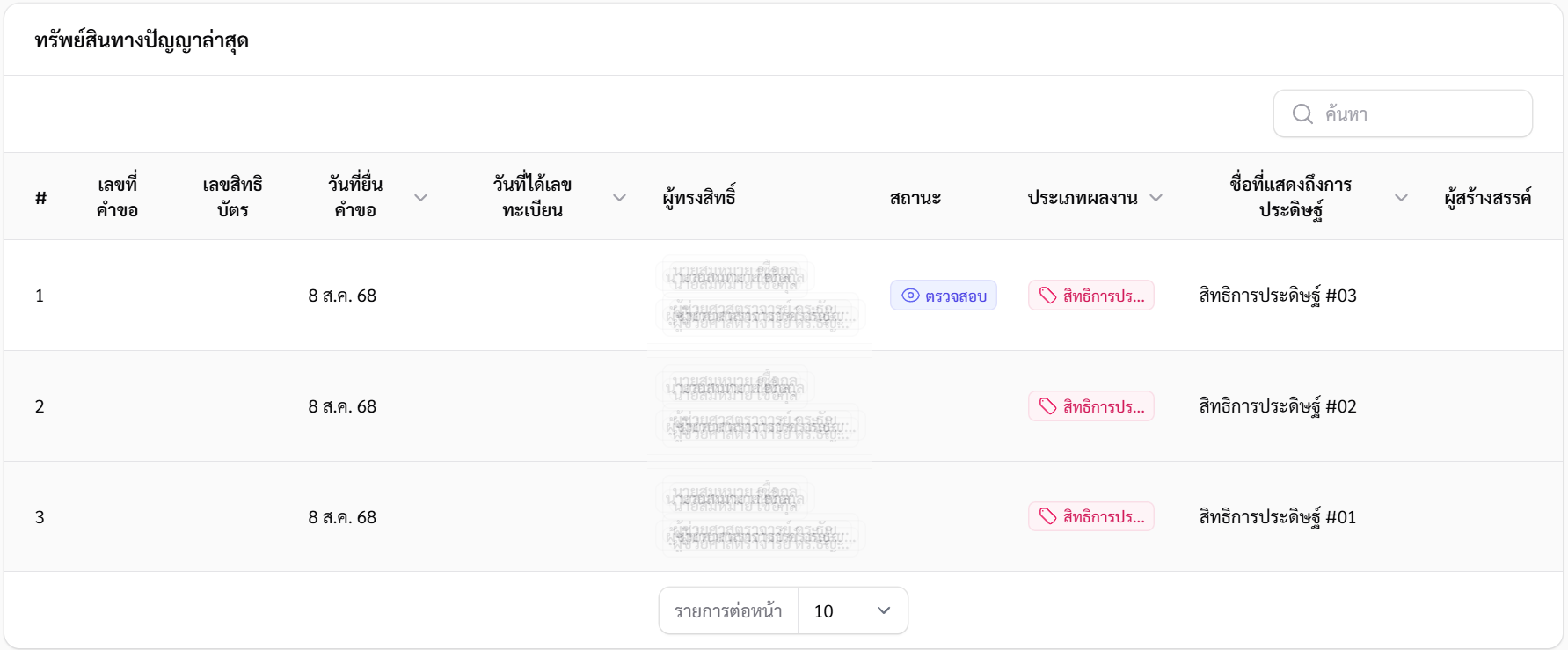 ภาพตัวอย่างตารางข้อมูลทรัพย์สินทางปัญญา
